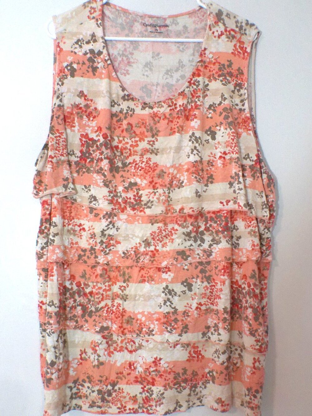 Croft & Barrow Blouse Womens 3X Coral Floral Tiered Sleeveless Flowy Top Plus